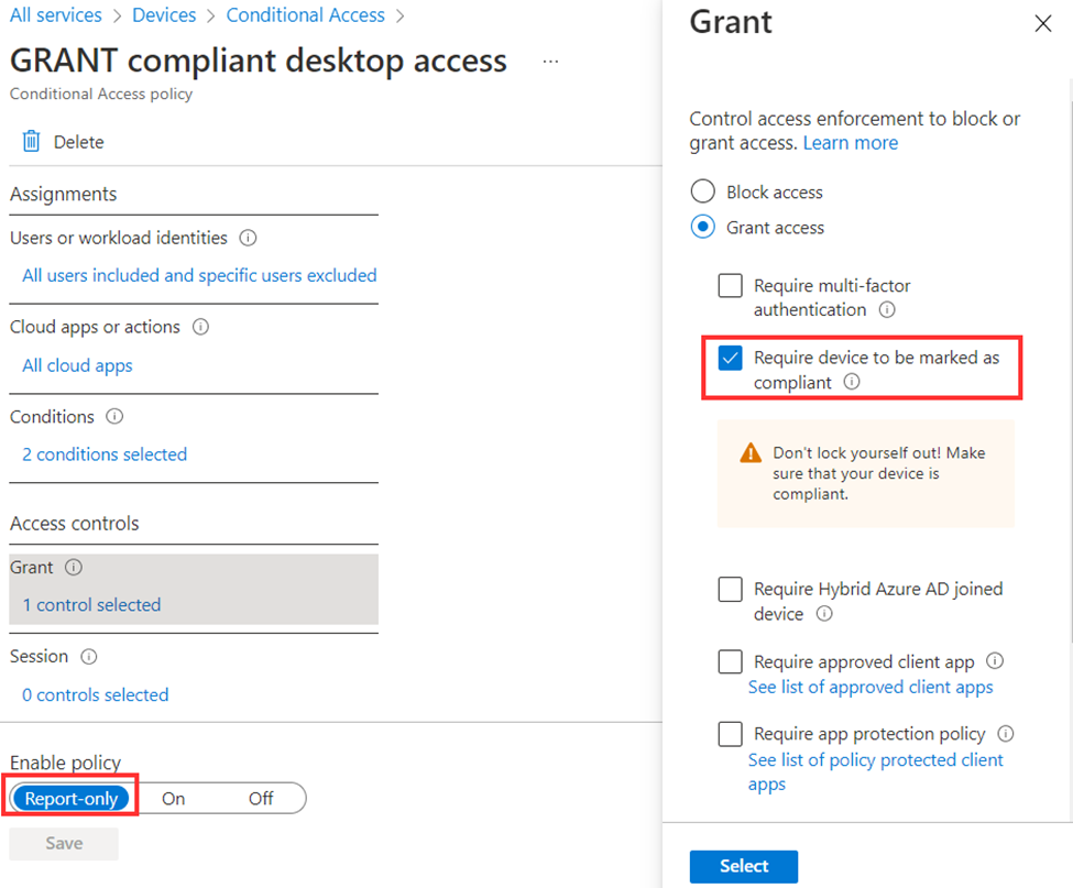 GRANT compliant desktop access, Conditional Access, screenshot