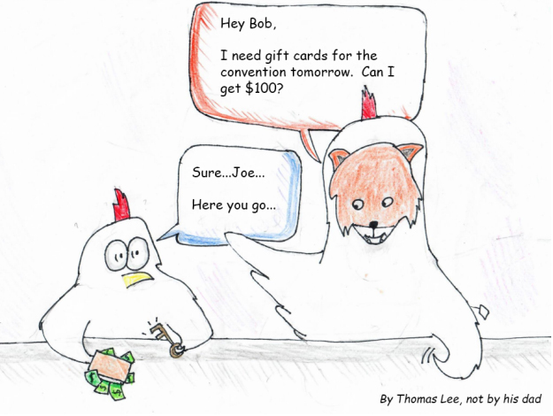 cybersecurity funny image, fox disguised as chicken asking other chicken for money, other chicken giving money, drawn by thomas lee