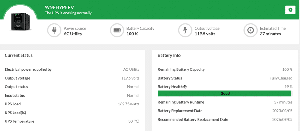 UPS stats. current status. battery info.